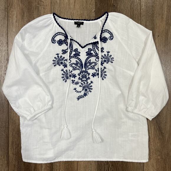 Talbots Popover Top Womens SP Linen Blend Embroidered Split Neck Tassels Boho - Picture 11 of 11